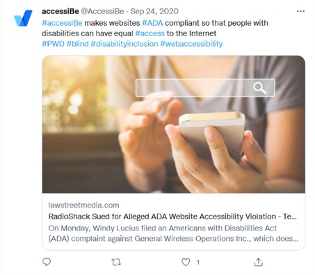 accessibe @Accessibe - Sep 24, 2020 #accessiBe makes websites #ADA compliant so that people with disabilities can have equal #access to the Internet #PWD #blind #disabilityinclusion #webaccessibility 