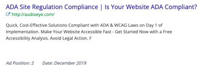 ADA Site Regulation Compliance | Is Your Website ADA Compliant? http://audioeye.com  Quick, Cost-Effective Solutions Compliant with ADA & WCAG Laws on Day 1 of Implementation.  Make Your Website Accessible Fast - Get Started Now with a Free Accessibility Analysis. Avoid Legal Action.  Ad Position: 2   Date: December 2019