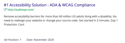 #1 Accessibility Solution - ADA & WCAG Compliance http://audioeye.com  Remove accessibility barriers for more than 60 million US Adults living with a disability. No need to redesign your website or change your source code. Get started in 2 minutes. Day 1 Protection. Cont  Ad Position: 1  Date: November 2020