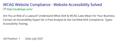 WCAG Website Compliance - Website Accessibility Solved http://audioeye.com  Are You at Risk of a Lawsuit? Understand What ADA & WCAG Laws Mean For Your Business. Contact an Accessibility Expert for a Free Analysis & Get Certified ADA Compliance. Types: Accessibility Testing