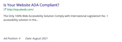 Is Your Website ADA Compliant? http://equalweb.com  The Only 100% Web Accessibility Solution Comply with International Legislation! No. 1 accessibility solution in the…  Ad Position: 4  Date: August 2021