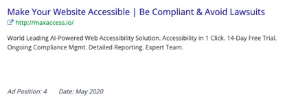 Make Your Website Accessible - Be Compliant & Avoid Lawsuits http://maxaccess.io  World Leading AI-Powered Web Accessibility Solution.  Accessibility in 1 Click.  14-Day Free Trial.  Ongoing Compliance Mgmt.  Detailed Reporting.  Expert Team.