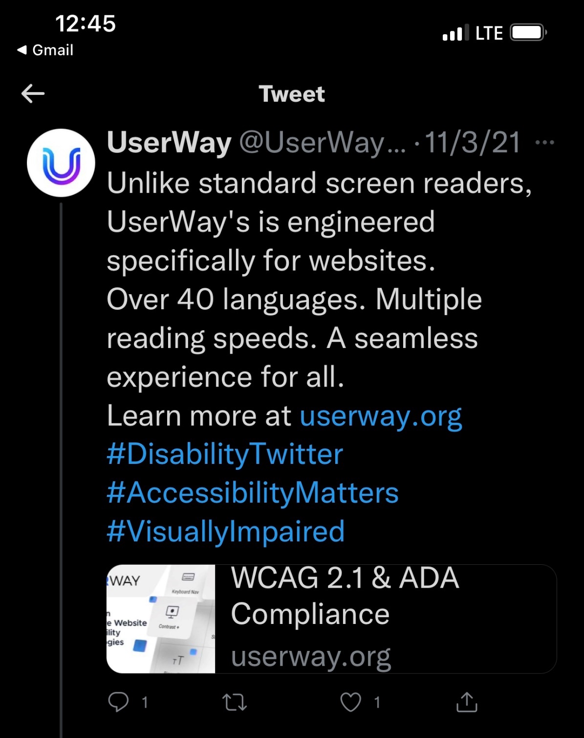 UserWay @UserWay - 11/3/21  Unlike standard screen readers, UserWay's is engineered specifically for websites.  Over 40 languages.  Multiple reading speeds.  A seamless experience for all.   Learn more at userway.org #DisabilityTwitter #AccessibilityMatters #VisuallyImpaired