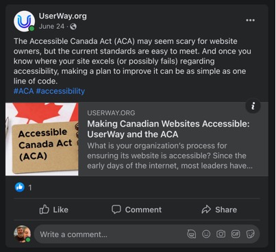 UserWay.org June 24  The Accessible Canada Act (ACA) may seem scary for website owners, but the current standards are easy to meet.  And once you konw where your site excels (or possibly fails) regarding accessibility, making a plan to improve it can be as simple as one line of code. #ACA #accessibility