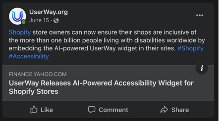 UserWay.org - June 15  Shopify store owners can now ensure their shops are inclusive of the more than one billion people living with disabilities worldwide by embedding the AI-powered UserWay widget in their sites.  #Shopify #Accessibility